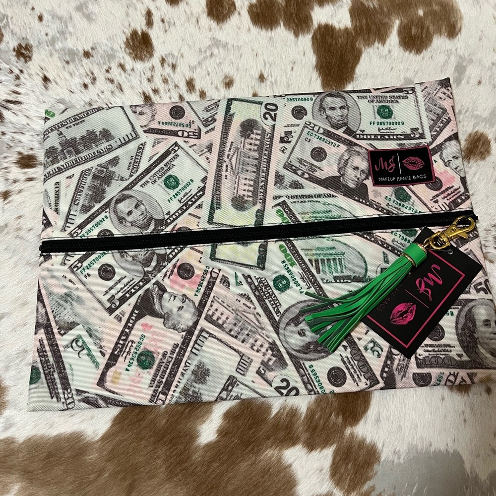 NWT Makeup Junkie size large Money Print Clutch with Tassel